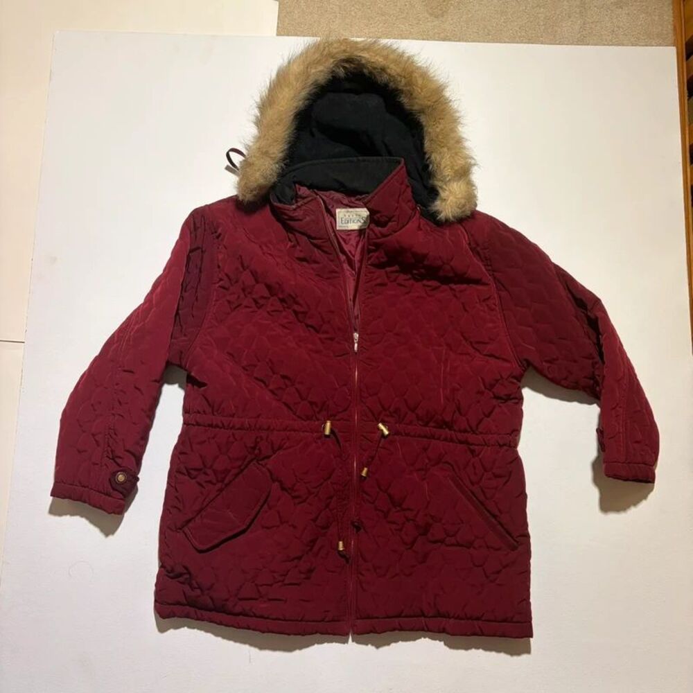 Vintage Basic Editions Red Quilted Down Women's Faux Fur Hooded Coat